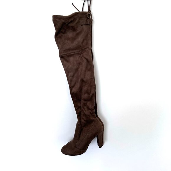 Suede Light Brown Boots Above Knee High with Strings in Back - Picture 4 of 6